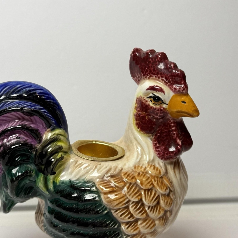 Vintage Young's Ceramic Rooster‎ Candle Holder Hand Painted Farm Decor